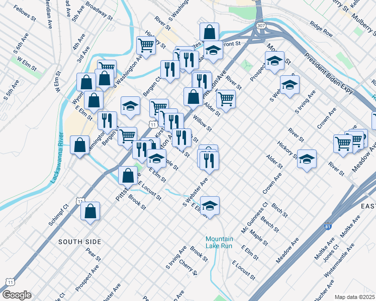 map of restaurants, bars, coffee shops, grocery stores, and more near 831 Prospect Avenue in Scranton
