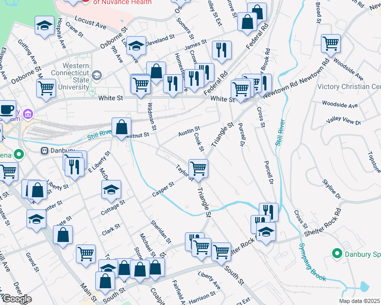 map of restaurants, bars, coffee shops, grocery stores, and more near 65 Wildman Street in Danbury