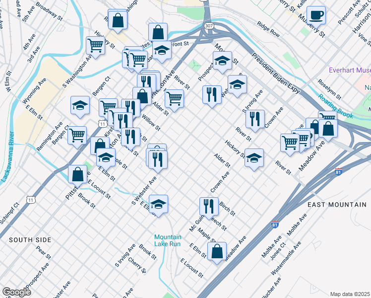 map of restaurants, bars, coffee shops, grocery stores, and more near 720 Willow Street in Scranton