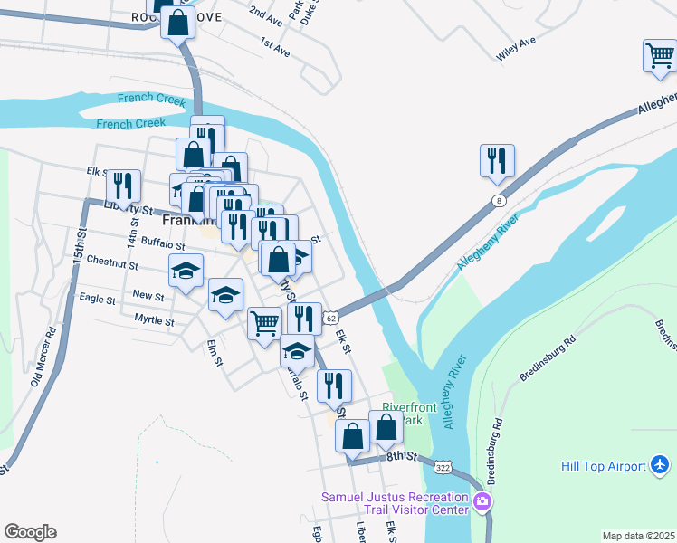 map of restaurants, bars, coffee shops, grocery stores, and more near 201 11th St in Franklin