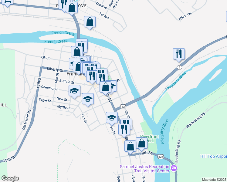 map of restaurants, bars, coffee shops, grocery stores, and more near 1105 Elk Street in Franklin