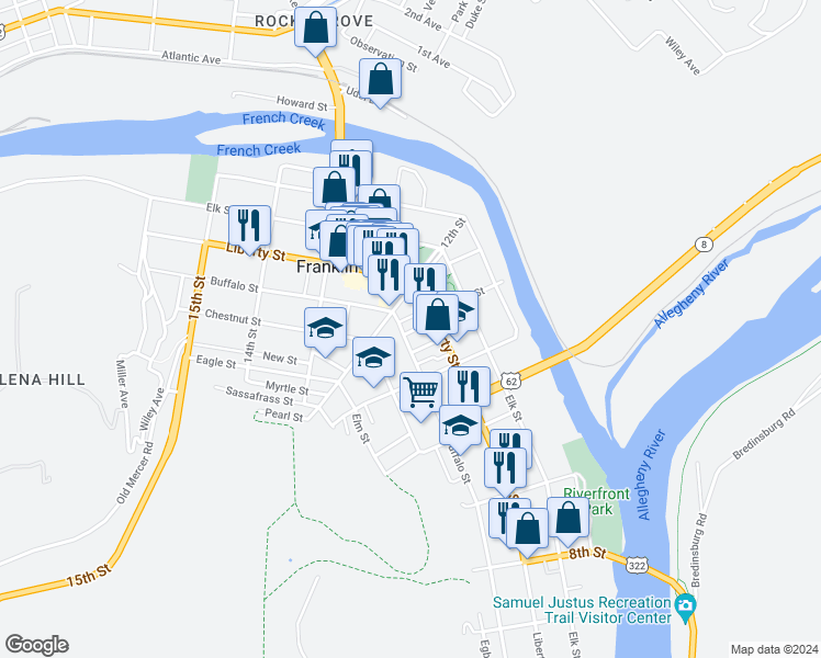 map of restaurants, bars, coffee shops, grocery stores, and more near 1129 Buffalo Street in Franklin