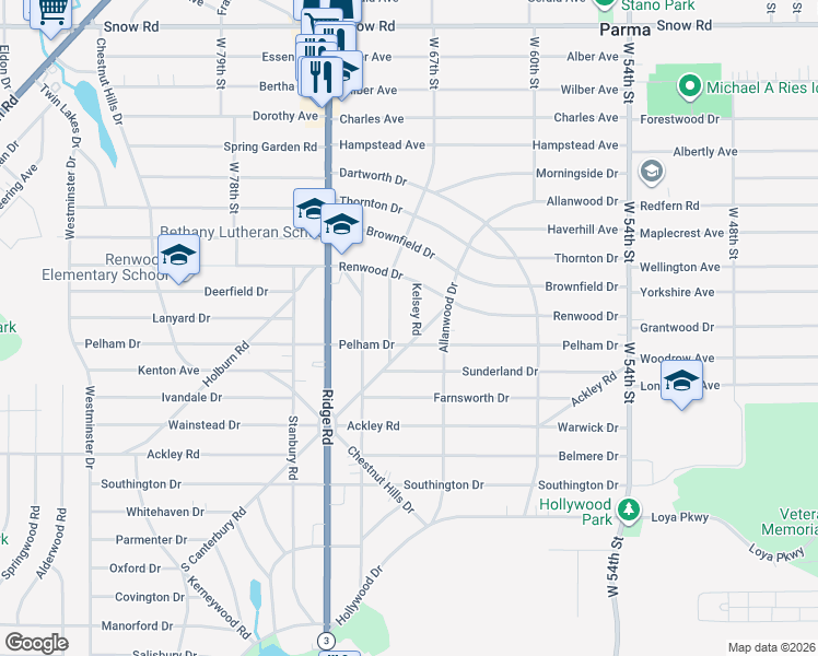 map of restaurants, bars, coffee shops, grocery stores, and more near 6820 Pelham Drive in Parma