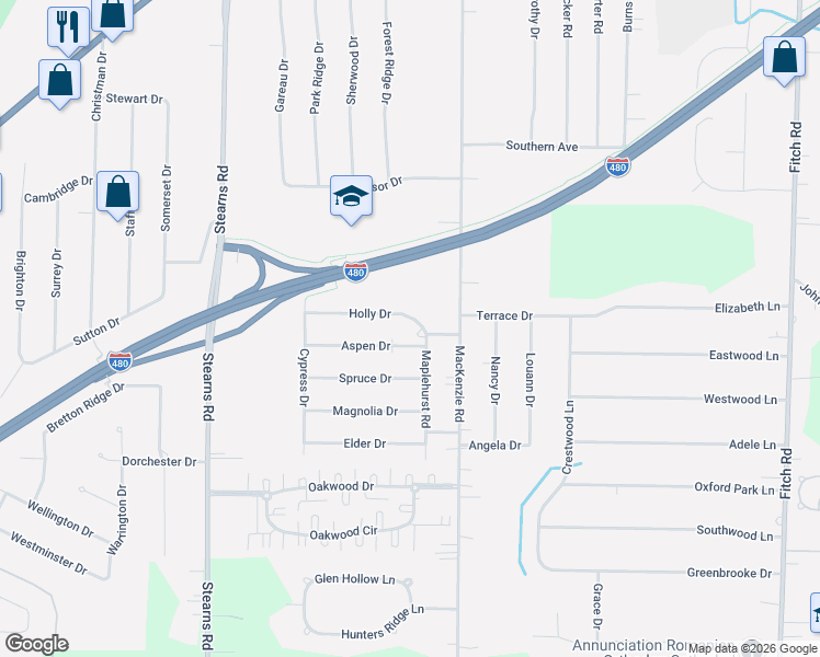 map of restaurants, bars, coffee shops, grocery stores, and more near 6532 Maplehurst Road in North Olmsted