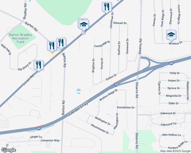 map of restaurants, bars, coffee shops, grocery stores, and more near 6505 Brighton Drive in North Olmsted