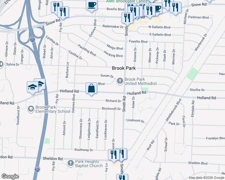 map of restaurants, bars, coffee shops, grocery stores, and more near 15351 Holland Road in Brook Park