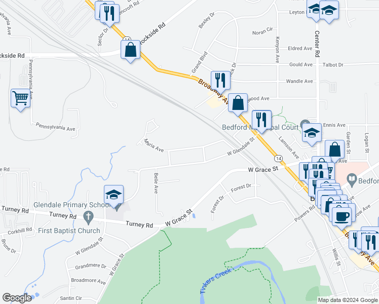 map of restaurants, bars, coffee shops, grocery stores, and more near 110 Palmetto Avenue in Bedford