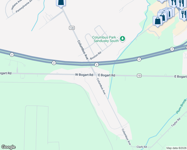 map of restaurants, bars, coffee shops, grocery stores, and more near 112 West Bogart Road in Sandusky