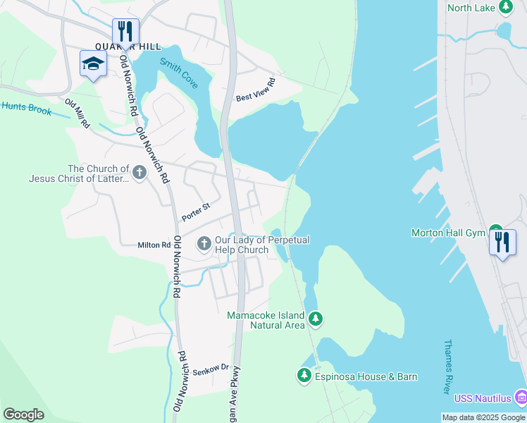 map of restaurants, bars, coffee shops, grocery stores, and more near 14 Riverview Place in Waterford