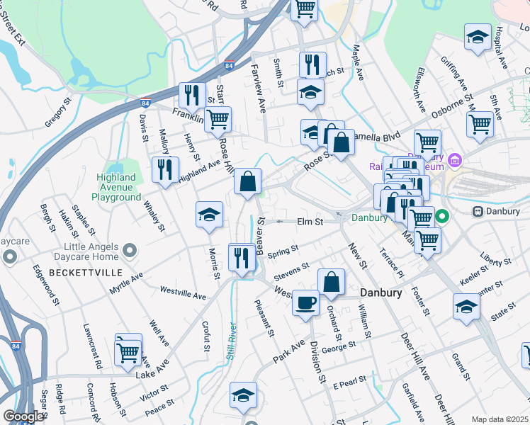 map of restaurants, bars, coffee shops, grocery stores, and more near Ashe Place in Danbury