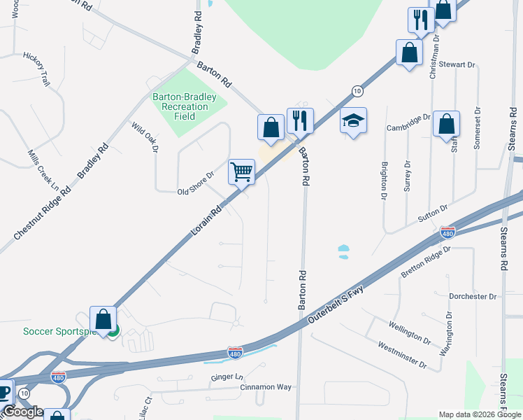 map of restaurants, bars, coffee shops, grocery stores, and more near 6571 Charles Road in North Olmsted