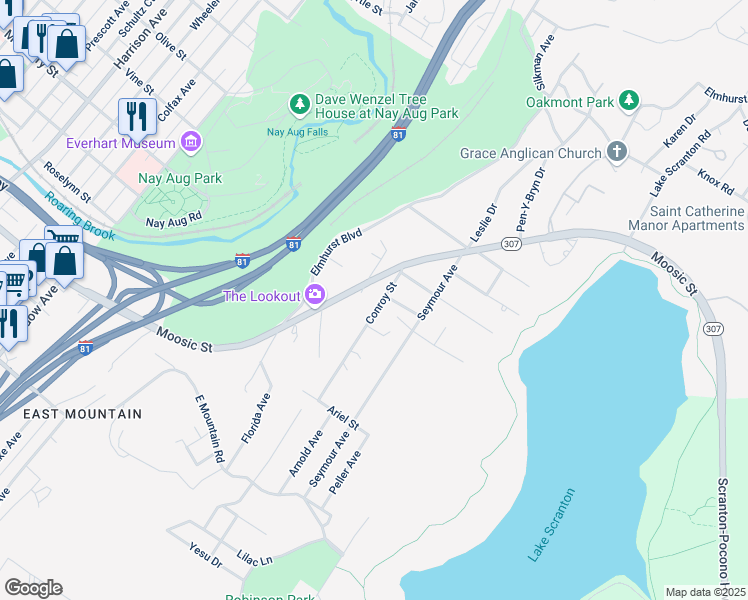 map of restaurants, bars, coffee shops, grocery stores, and more near 136 Conroy Street in Scranton