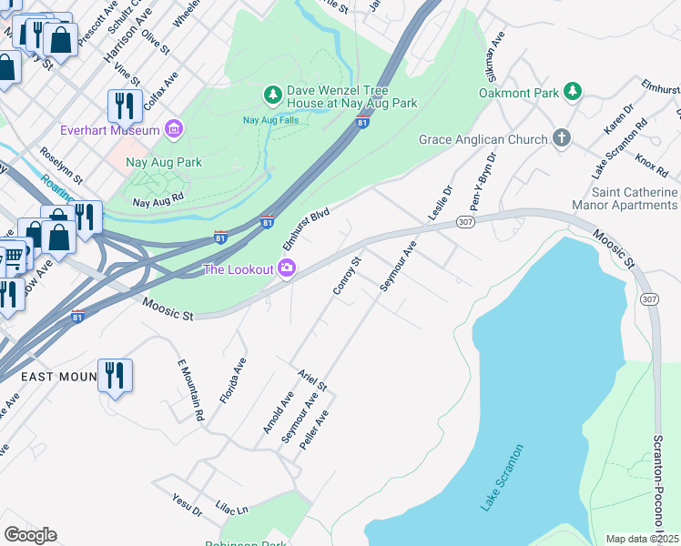 map of restaurants, bars, coffee shops, grocery stores, and more near 136 Conroy Street in Scranton
