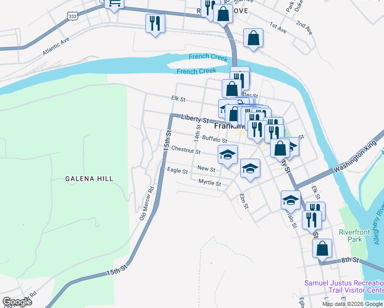 map of restaurants, bars, coffee shops, grocery stores, and more near 624 14th St in Franklin