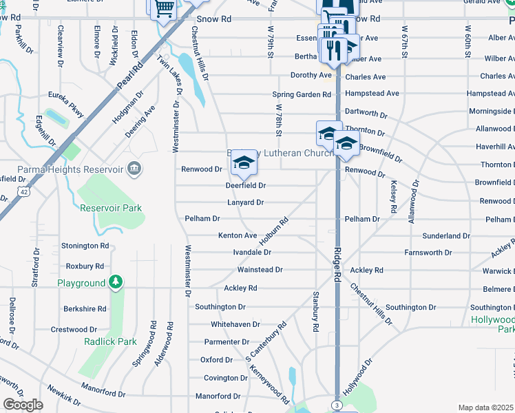 map of restaurants, bars, coffee shops, grocery stores, and more near 7923 Lanyard Drive in Parma