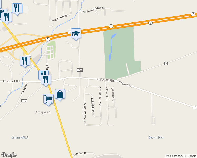 map of restaurants, bars, coffee shops, grocery stores, and more near 4110 East Bogart Road in Huron