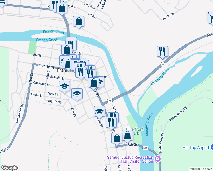 map of restaurants, bars, coffee shops, grocery stores, and more near 1105 Elk Street in Franklin