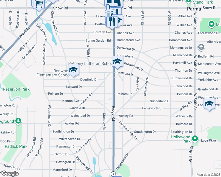 map of restaurants, bars, coffee shops, grocery stores, and more near 6150 Ridge Road in Cleveland