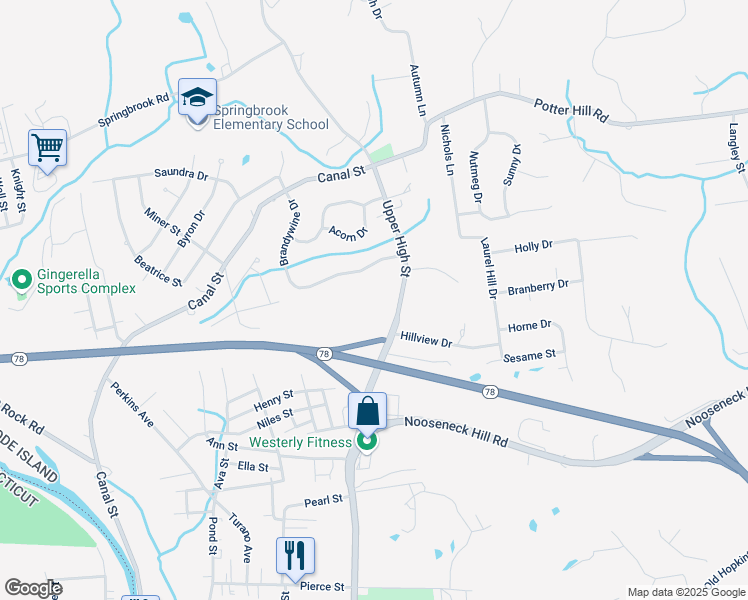 map of restaurants, bars, coffee shops, grocery stores, and more near 280 High St in Westerly