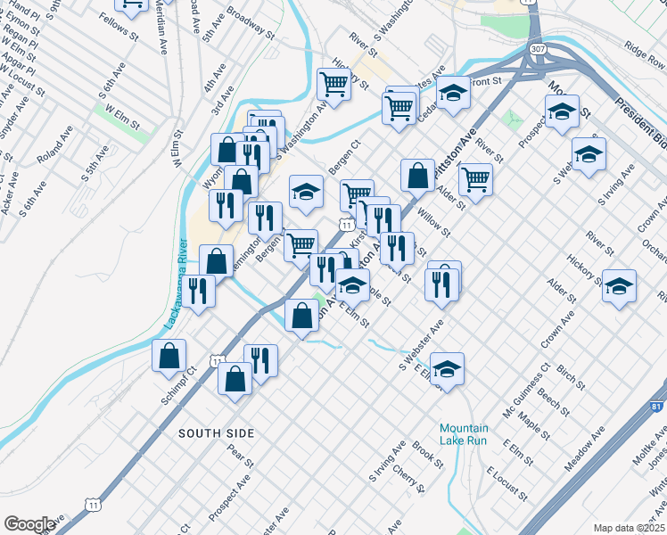 map of restaurants, bars, coffee shops, grocery stores, and more near in Scranton