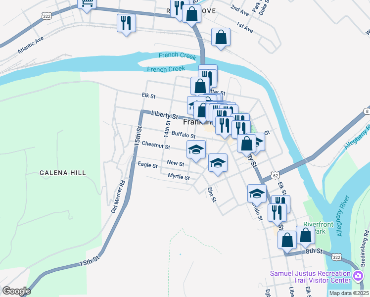 map of restaurants, bars, coffee shops, grocery stores, and more near 1318 New St in Franklin