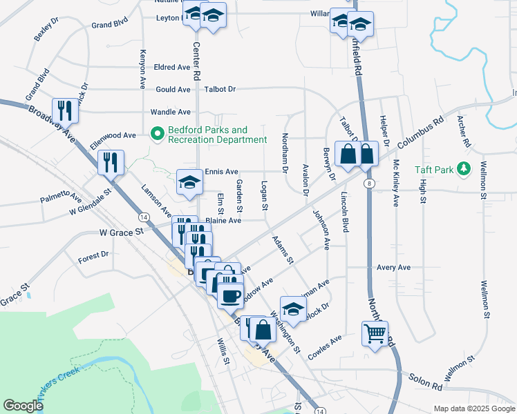 map of restaurants, bars, coffee shops, grocery stores, and more near 73 Blaine Avenue in Bedford