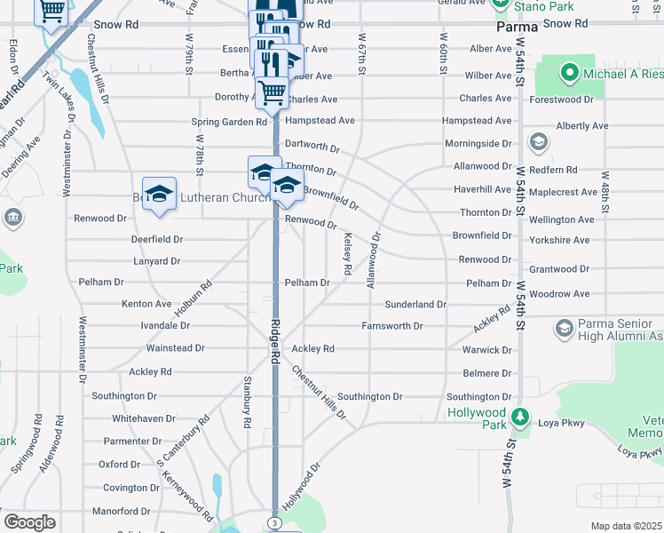 map of restaurants, bars, coffee shops, grocery stores, and more near 6820 Pelham Drive in Parma