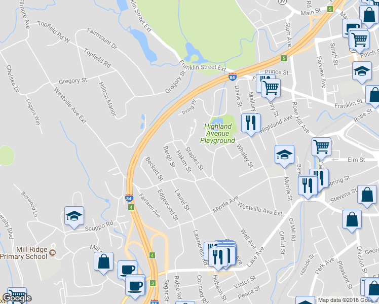 map of restaurants, bars, coffee shops, grocery stores, and more near 22 Staples Street in Danbury