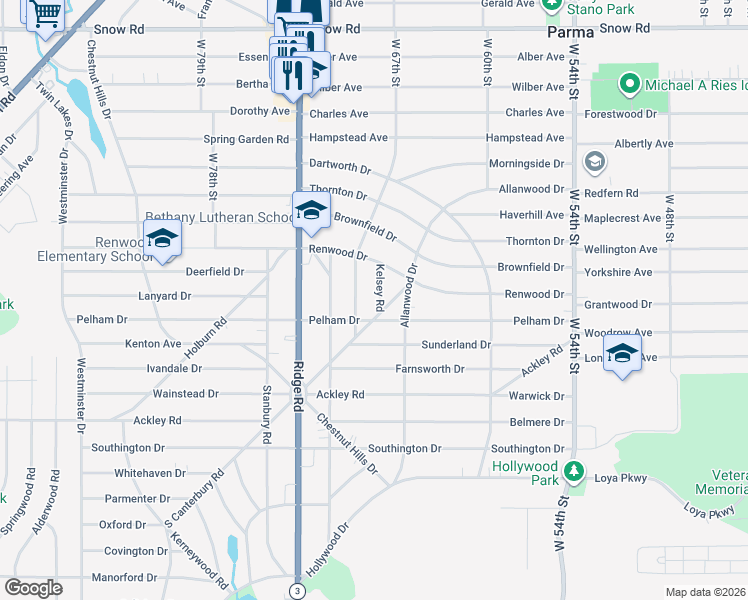 map of restaurants, bars, coffee shops, grocery stores, and more near 6146 Kelsey Road in Parma