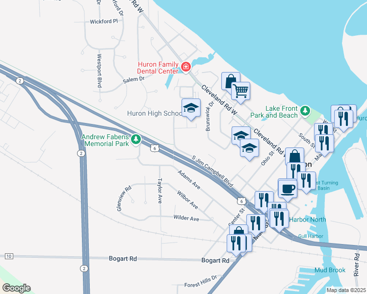 map of restaurants, bars, coffee shops, grocery stores, and more near 710 Cleveland Road East in Huron