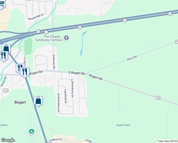 map of restaurants, bars, coffee shops, grocery stores, and more near 4204 Bogart Road in Huron