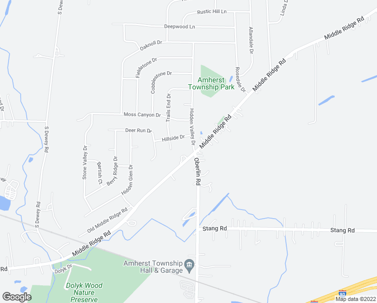 map of restaurants, bars, coffee shops, grocery stores, and more near 45002 Middle Ridge Road in Amherst