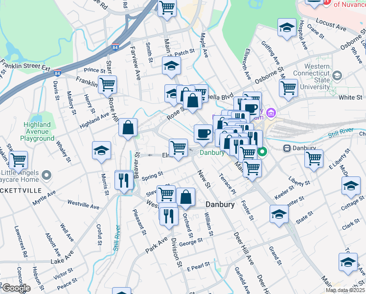 map of restaurants, bars, coffee shops, grocery stores, and more near 57 Kennedy Avenue in Danbury