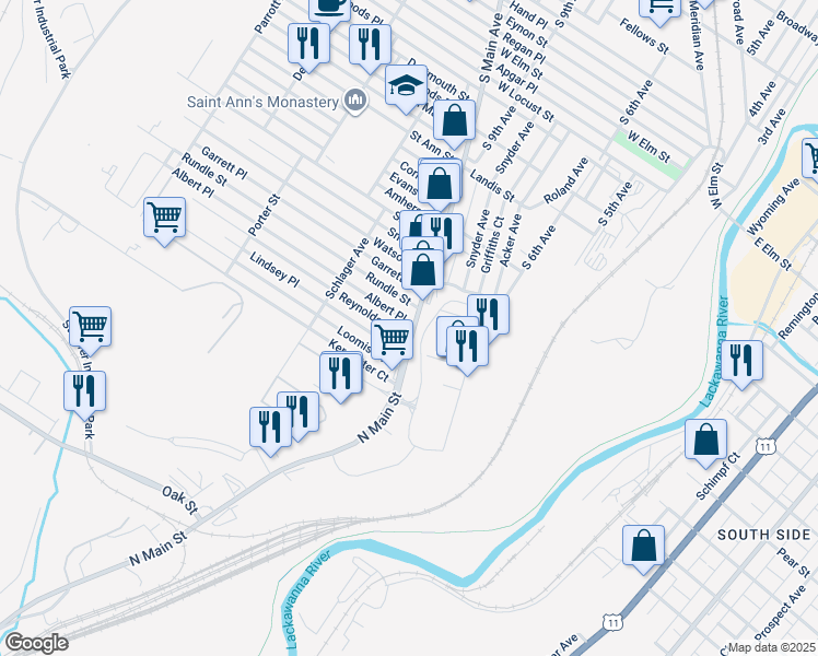map of restaurants, bars, coffee shops, grocery stores, and more near 1312 Main Avenue in Scranton