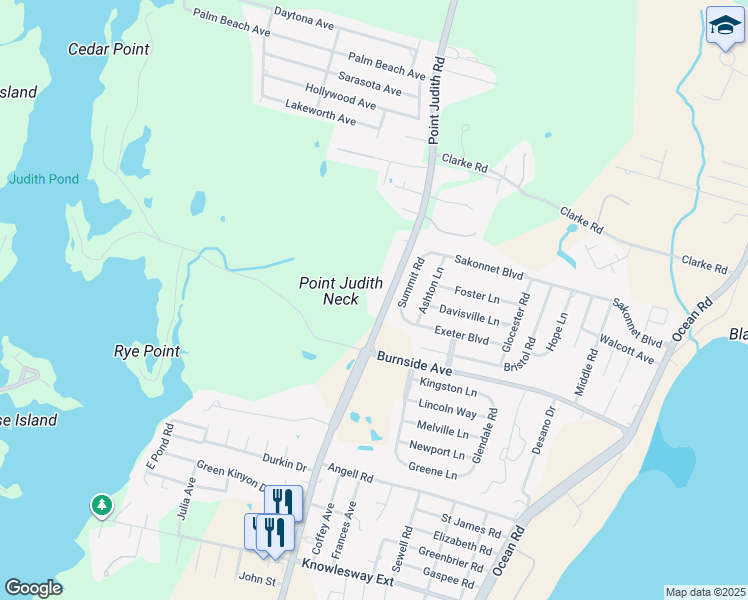 map of restaurants, bars, coffee shops, grocery stores, and more near 709 Point Judith Road in Narragansett
