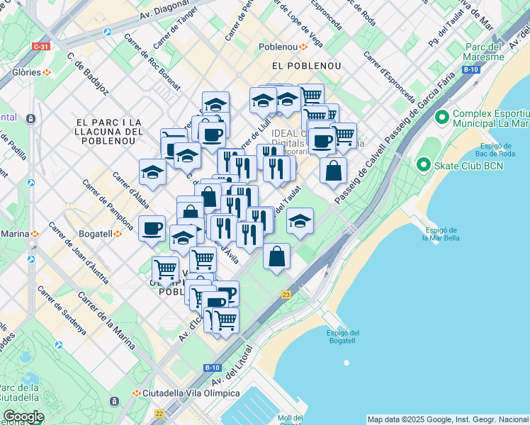 map of restaurants, bars, coffee shops, grocery stores, and more near 8 Carrer de la Ciutat de Granada in Barcelona