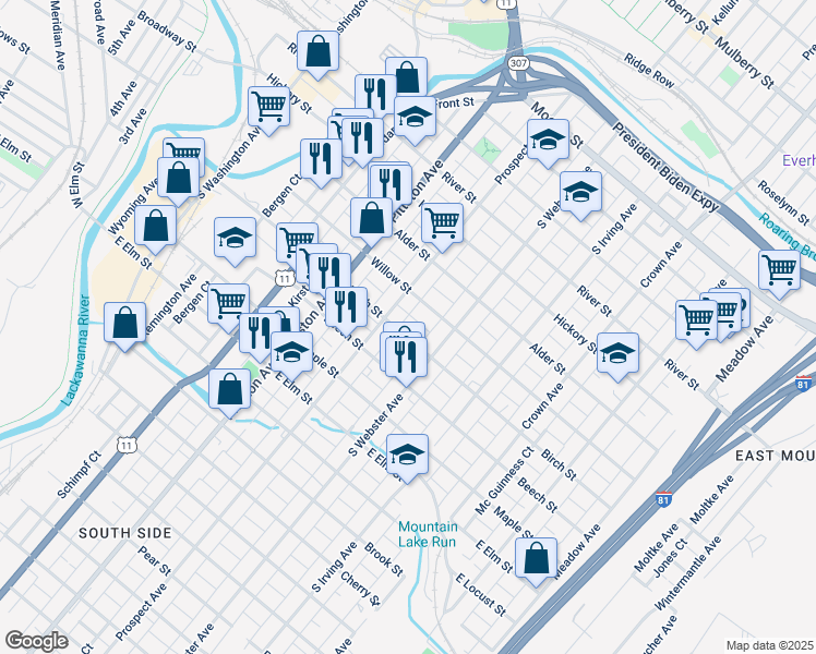 map of restaurants, bars, coffee shops, grocery stores, and more near 620 Birch Street in Scranton
