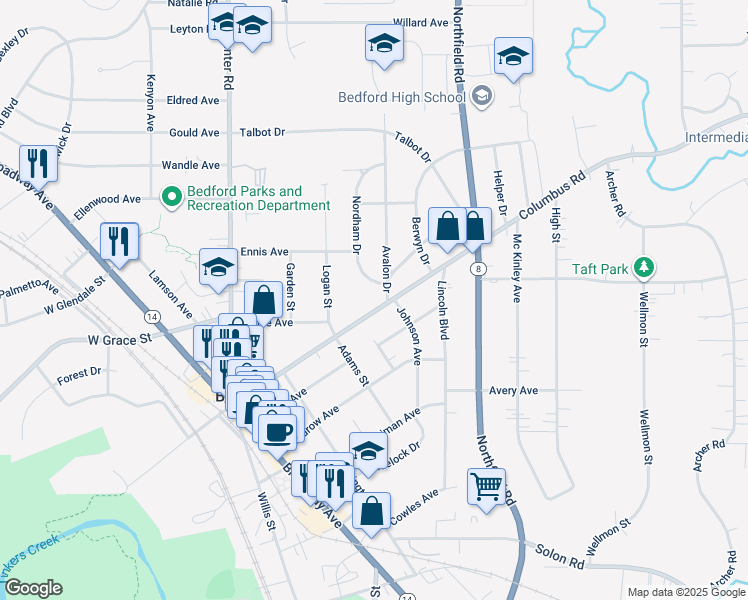 map of restaurants, bars, coffee shops, grocery stores, and more near 194 Columbus Road in Bedford