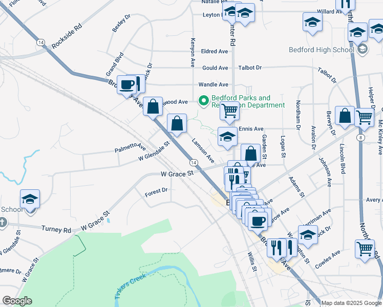 map of restaurants, bars, coffee shops, grocery stores, and more near 521 Broadway Avenue in Bedford