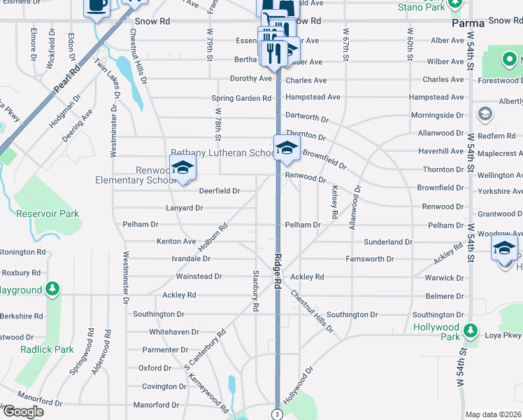 map of restaurants, bars, coffee shops, grocery stores, and more near 6184 Ridge Road in Parma