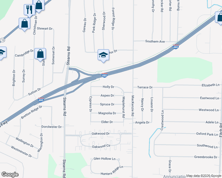 map of restaurants, bars, coffee shops, grocery stores, and more near 28494 Aspen Drive in North Olmsted
