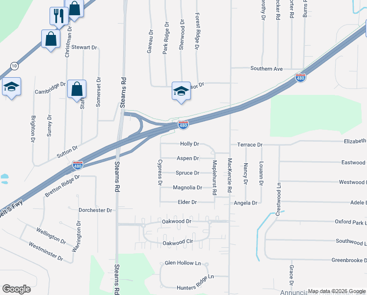 map of restaurants, bars, coffee shops, grocery stores, and more near 28626 Aspen Drive in North Olmsted