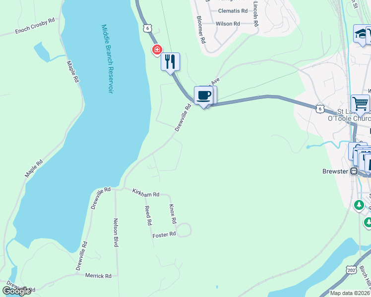 map of restaurants, bars, coffee shops, grocery stores, and more near 14 Arbor Lane in Brewster