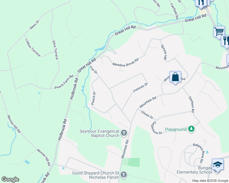 map of restaurants, bars, coffee shops, grocery stores, and more near 32 Fox Drive in Seymour
