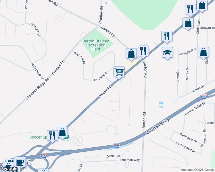map of restaurants, bars, coffee shops, grocery stores, and more near 30915 Lorain Road in North Olmsted