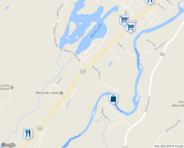 map of restaurants, bars, coffee shops, grocery stores, and more near 5 Maple Crest Lane in Port Jervis