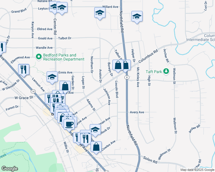 map of restaurants, bars, coffee shops, grocery stores, and more near 662 Johnson Avenue in Bedford