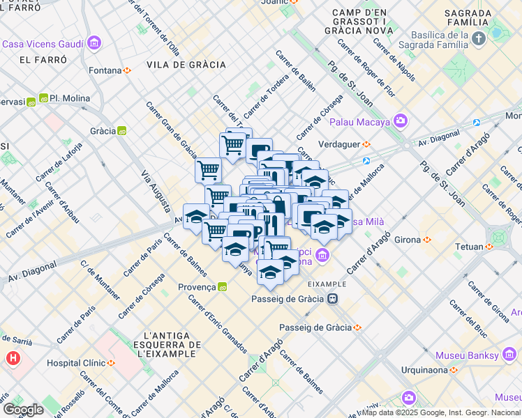 map of restaurants, bars, coffee shops, grocery stores, and more near 265 Carrer del Rosselló in Barcelona