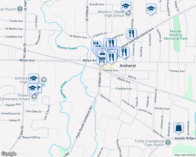 map of restaurants, bars, coffee shops, grocery stores, and more near 455 South Main Street in Amherst
