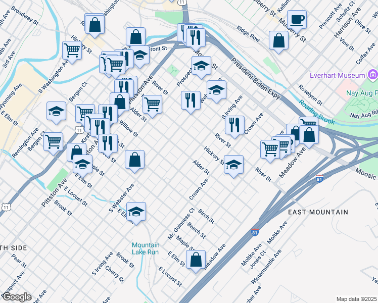 map of restaurants, bars, coffee shops, grocery stores, and more near 528 South Irving Avenue in Scranton